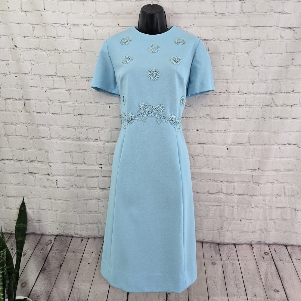 50s Henry Lee‎ Robbin Egg Blue Easter Shift Dress M Embroidered crochet flowers